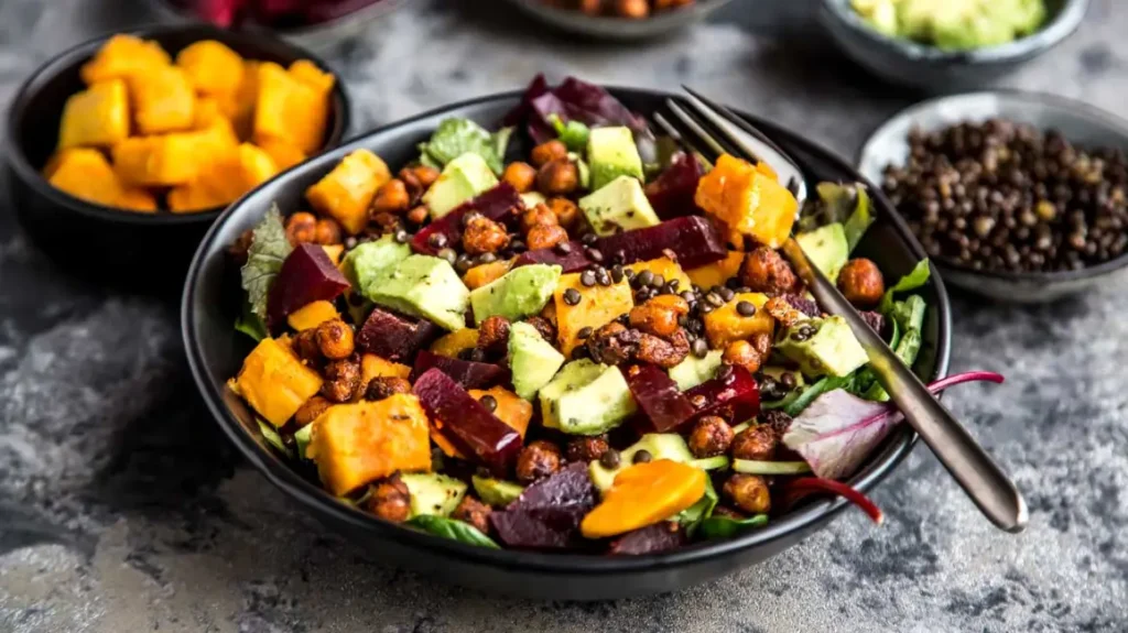 Delicious salad with avocado, sweet potato beets and lentils